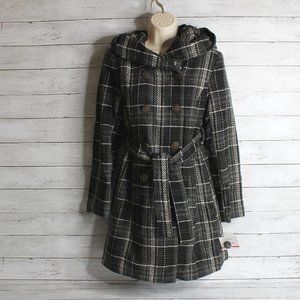 Relativity Women's Long Winter Coat Size XS Black Gray Plaid Wool Blend